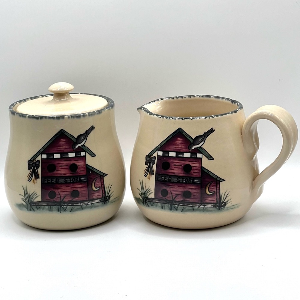 Home and Garden Party 2003 USA Stoneware Birdhouse Sugar Bowl & Creamer Set READ